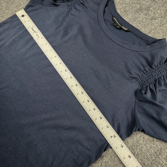 Veronica Beard Jeans Shirt M Puff Sleeve Jessa Top Ruched Tee Navy Blue Top - Picture 8 of 9